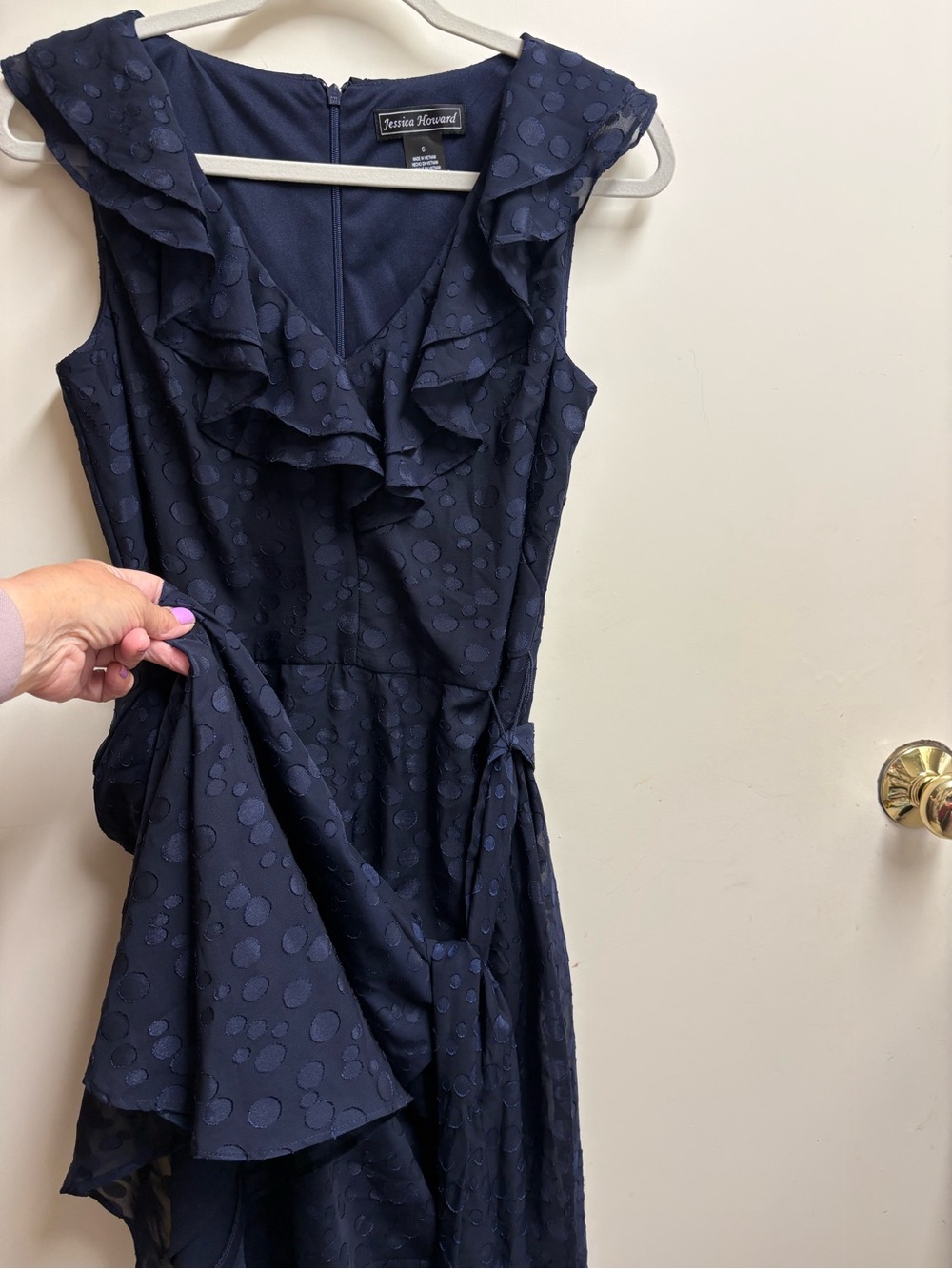 🇺🇸 Elegant Jessica Howard Navy Ruffle Tie-Waist Midi Dress - Picture 9 of 16